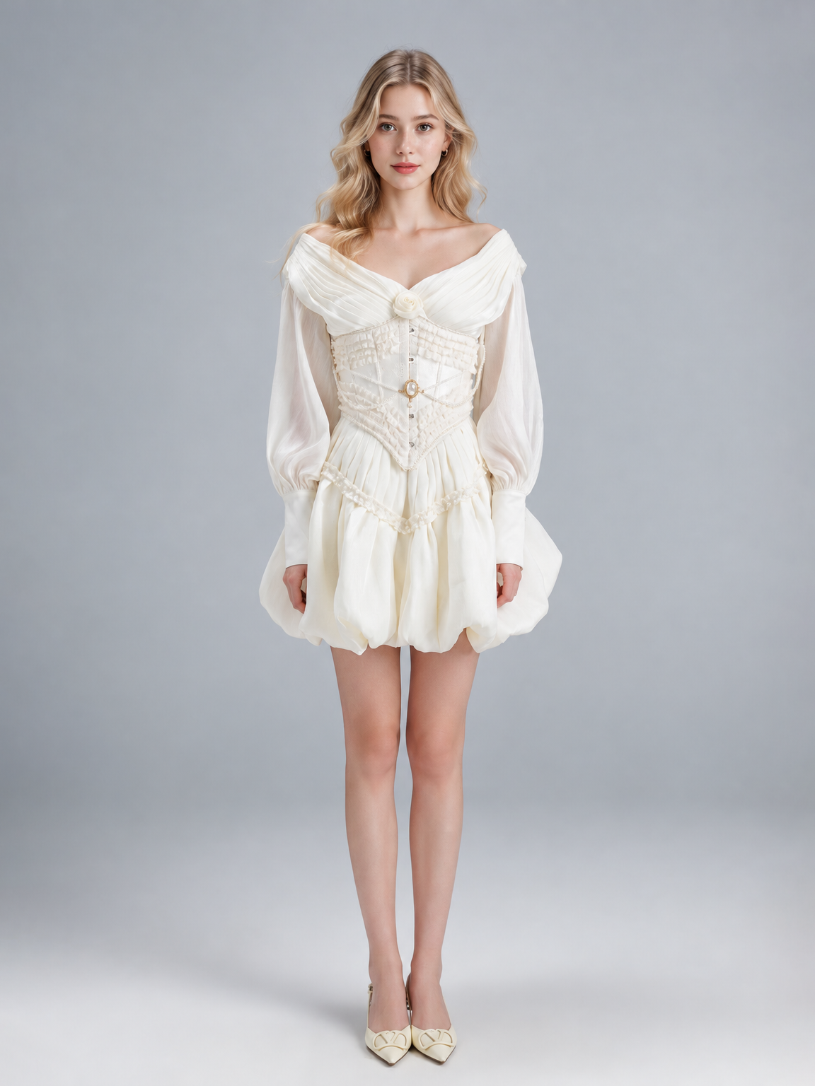Puff White Rose Corset Dress Set
