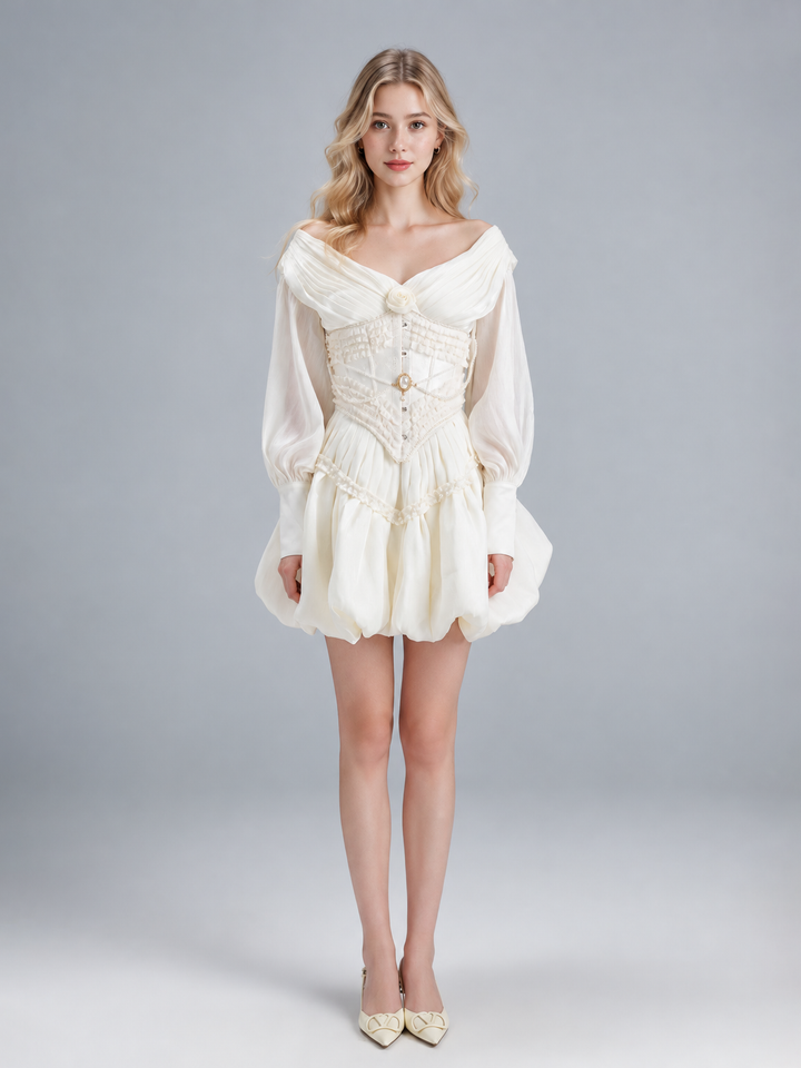 Puff White Rose Corset Dress Set