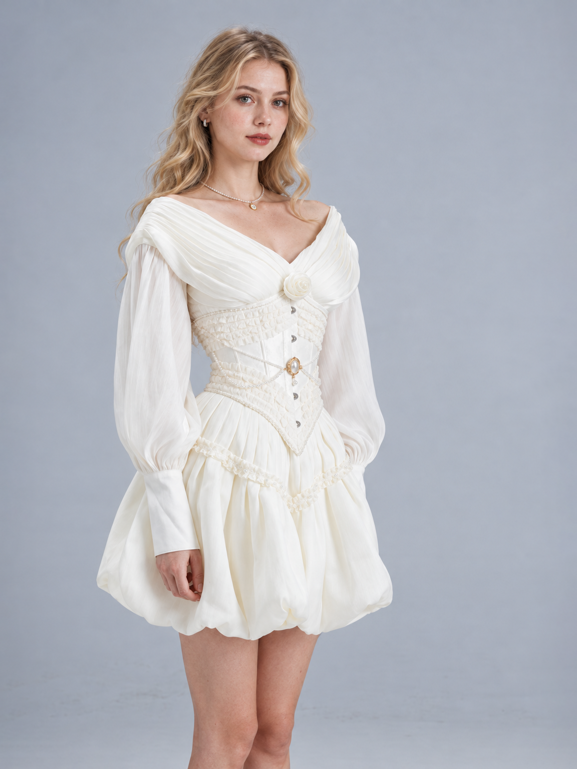 Puff White Rose Corset Dress Set