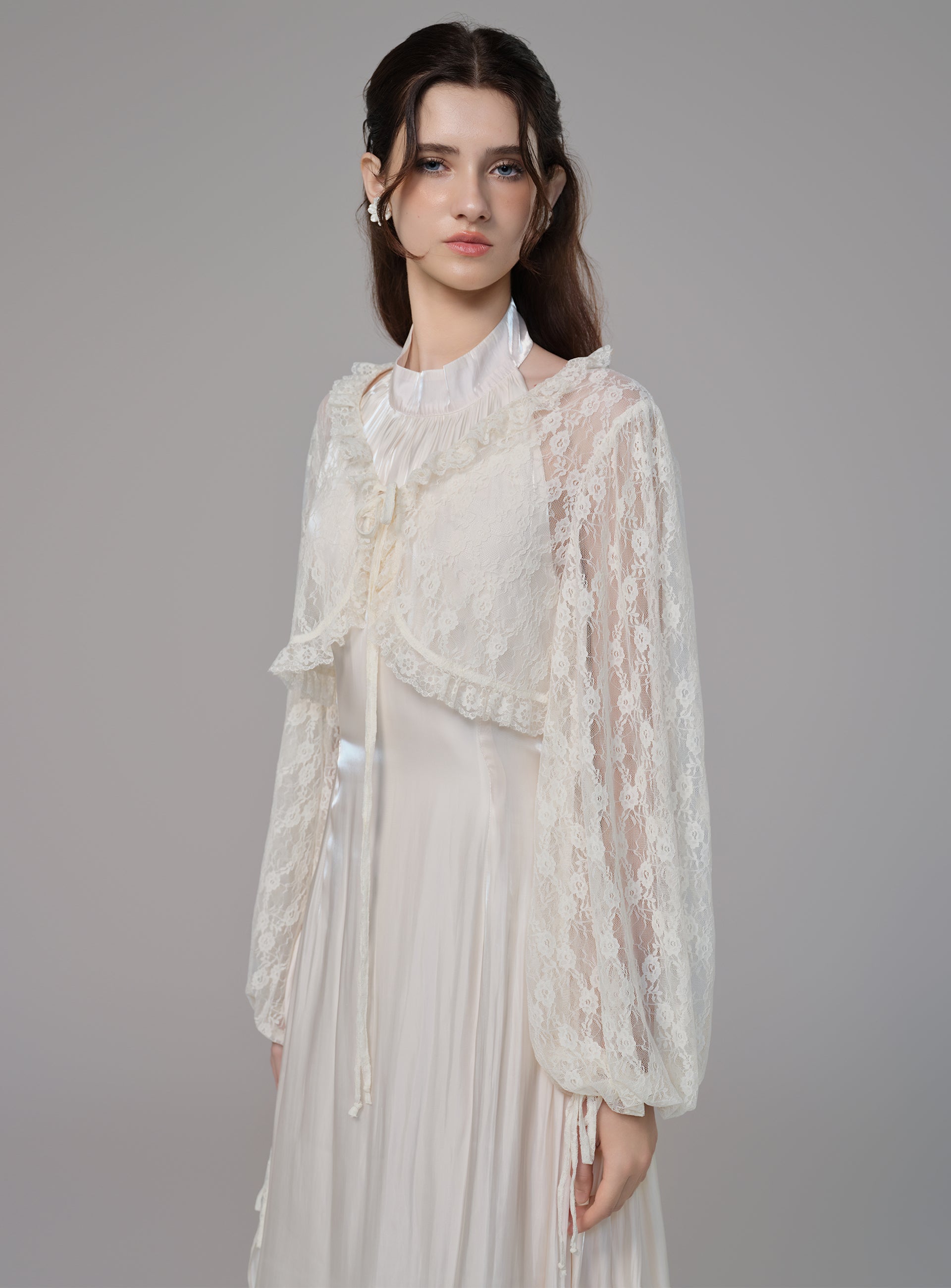 Artemis' Lunar Veil Set | Ivory Lace Cardigan & Halter Satin Dress